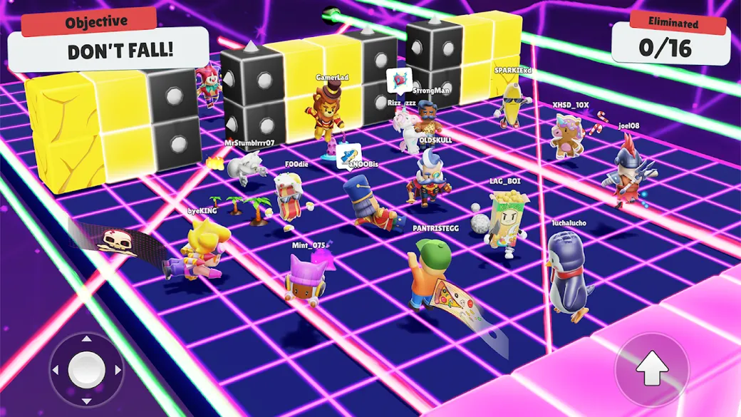 Schermata di gioco di Stumble Guys: decine di personaggi colorati corrono su una pista al neon con l'obiettivo Don't Fall in alto e il contatore degli eliminati.